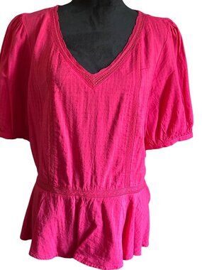 Liz Claiborne Womens Large Pink Peplum Top With V-Neck & Puff Sleeves